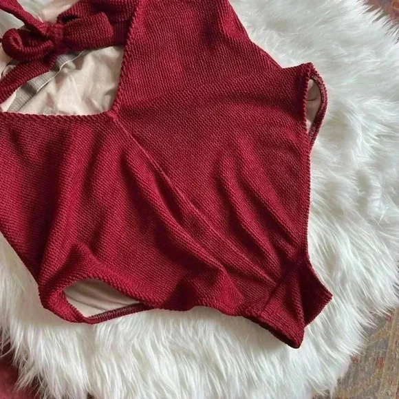 Dark Red Kona Sol Bathing Suit/ Swimsuit One-Piece size XL ribbed with bow - Picture 7 of 10